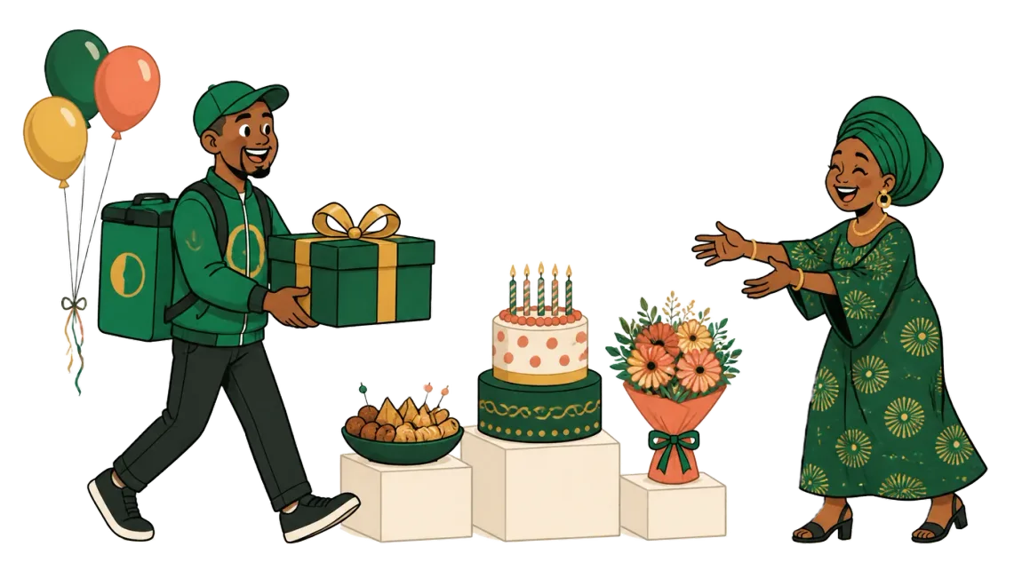 A Pevora rider handing a celebration package to a delighted customer, with a cake, small chops, flowers and balloons