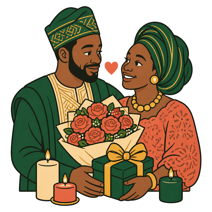 A couple sharing roses and a gift by candlelight