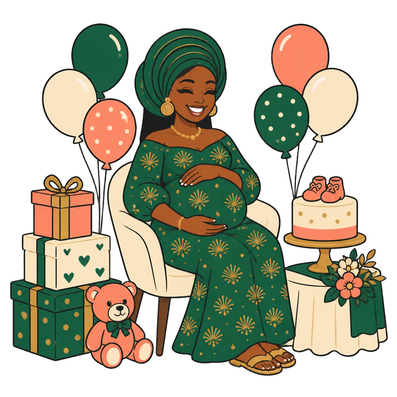 An expectant mother surrounded by balloons, gifts and a cake