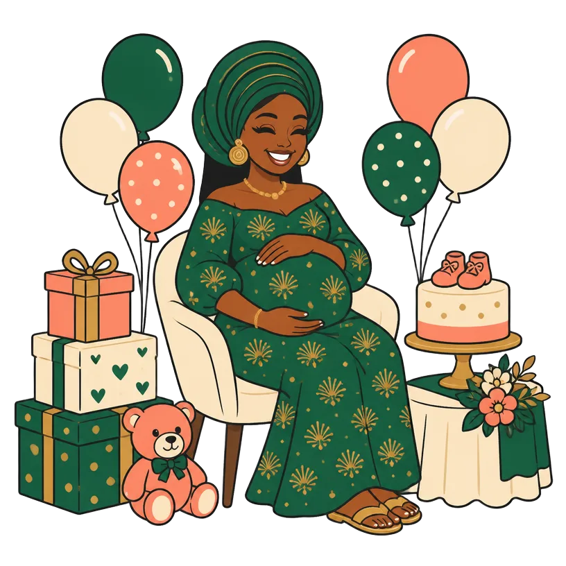 An expectant mother surrounded by balloons, gifts and a cake