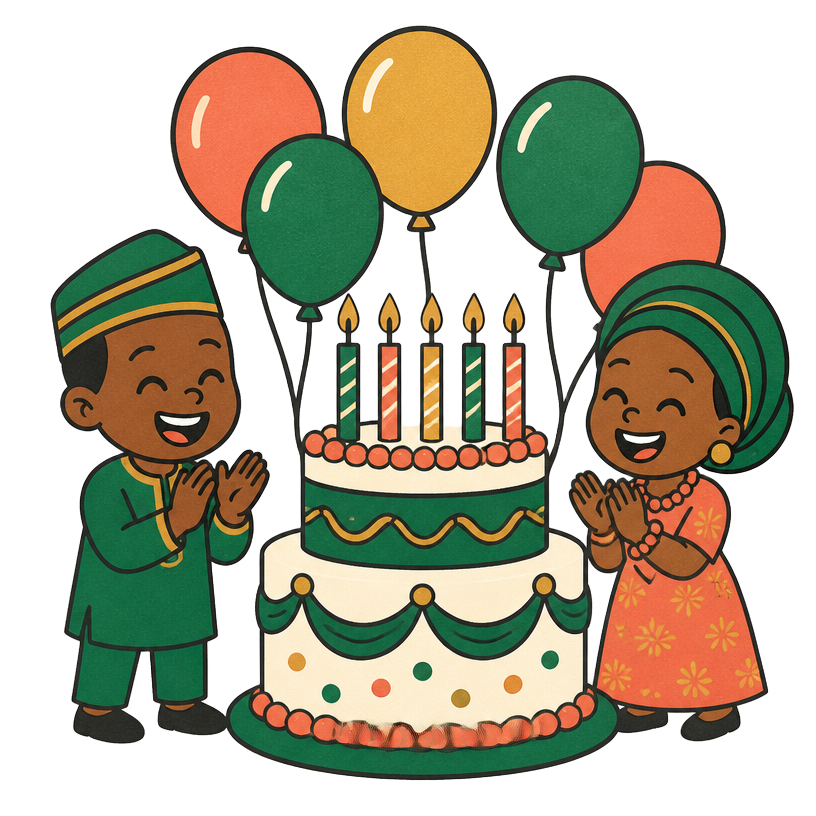 A birthday cake with candles and balloons, two people clapping