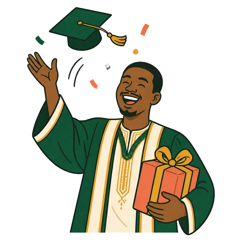 A graduate tossing a cap while holding a gift