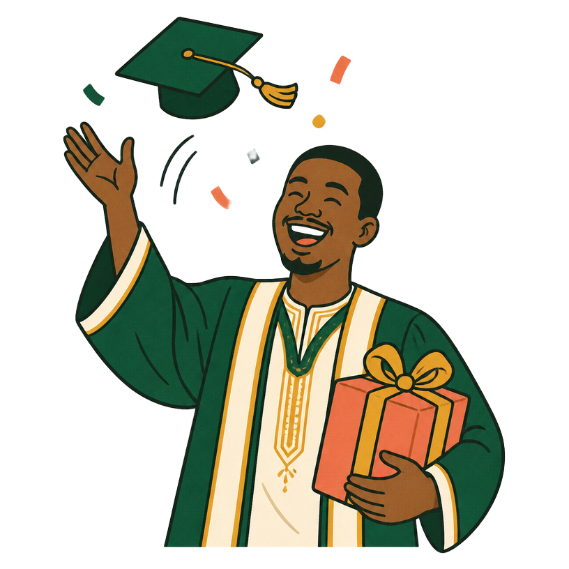 A graduate tossing a cap while holding a gift