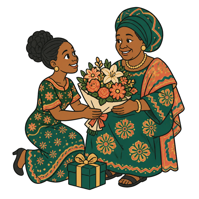 A daughter giving her mother a bouquet of flowers