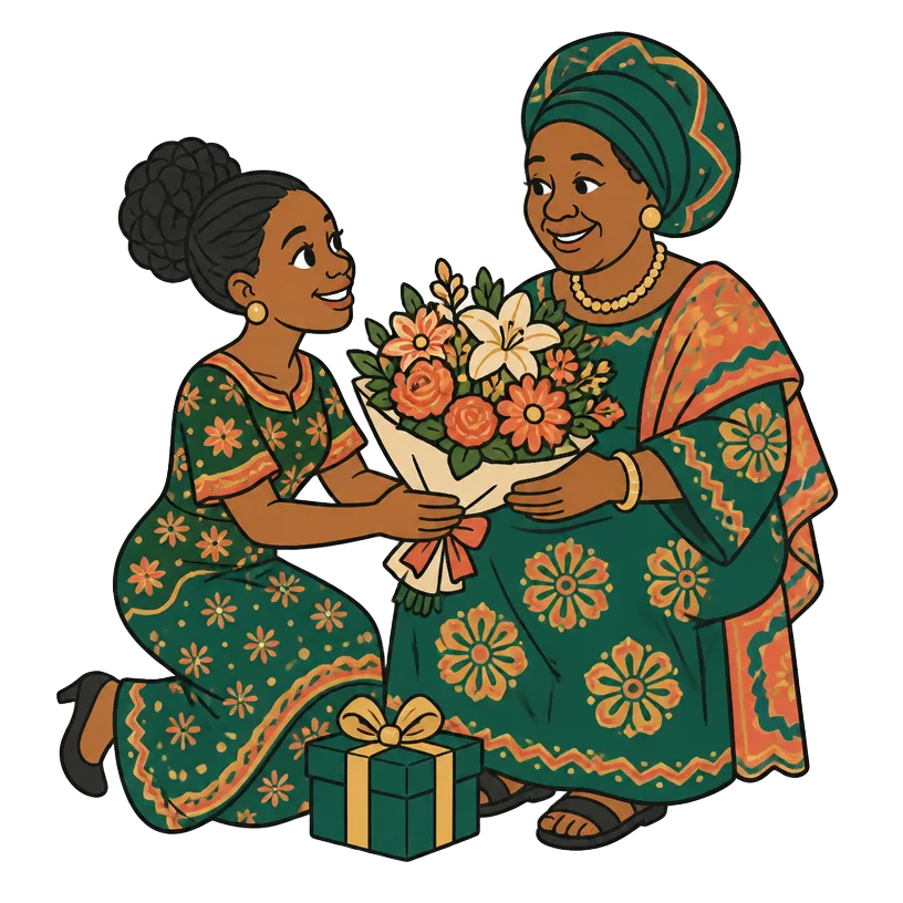 A daughter giving her mother a bouquet of flowers
