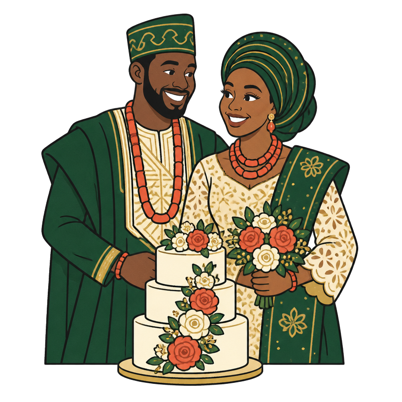 A couple in traditional wedding attire beside a tiered wedding cake