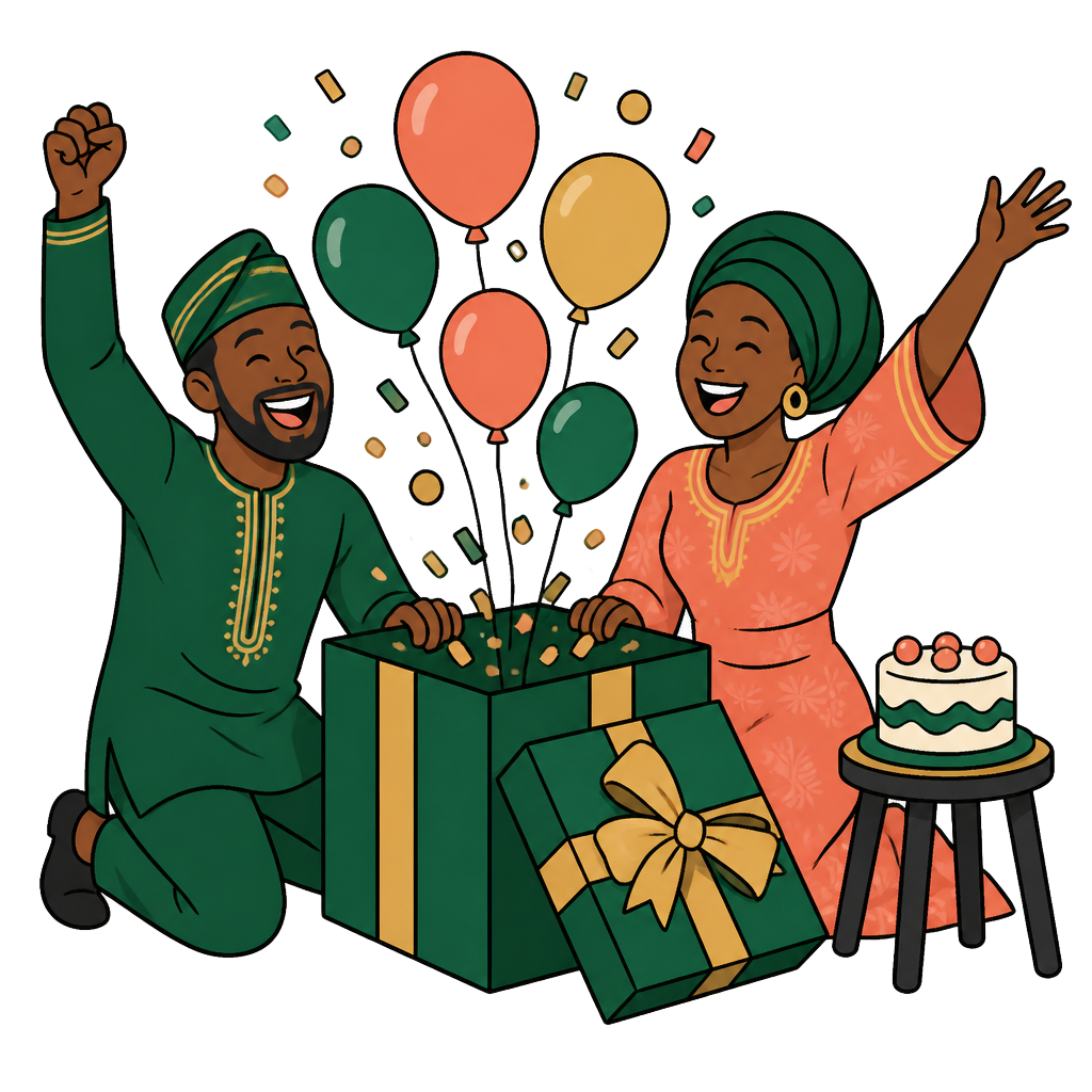Two friends opening a gift box as balloons and confetti rise