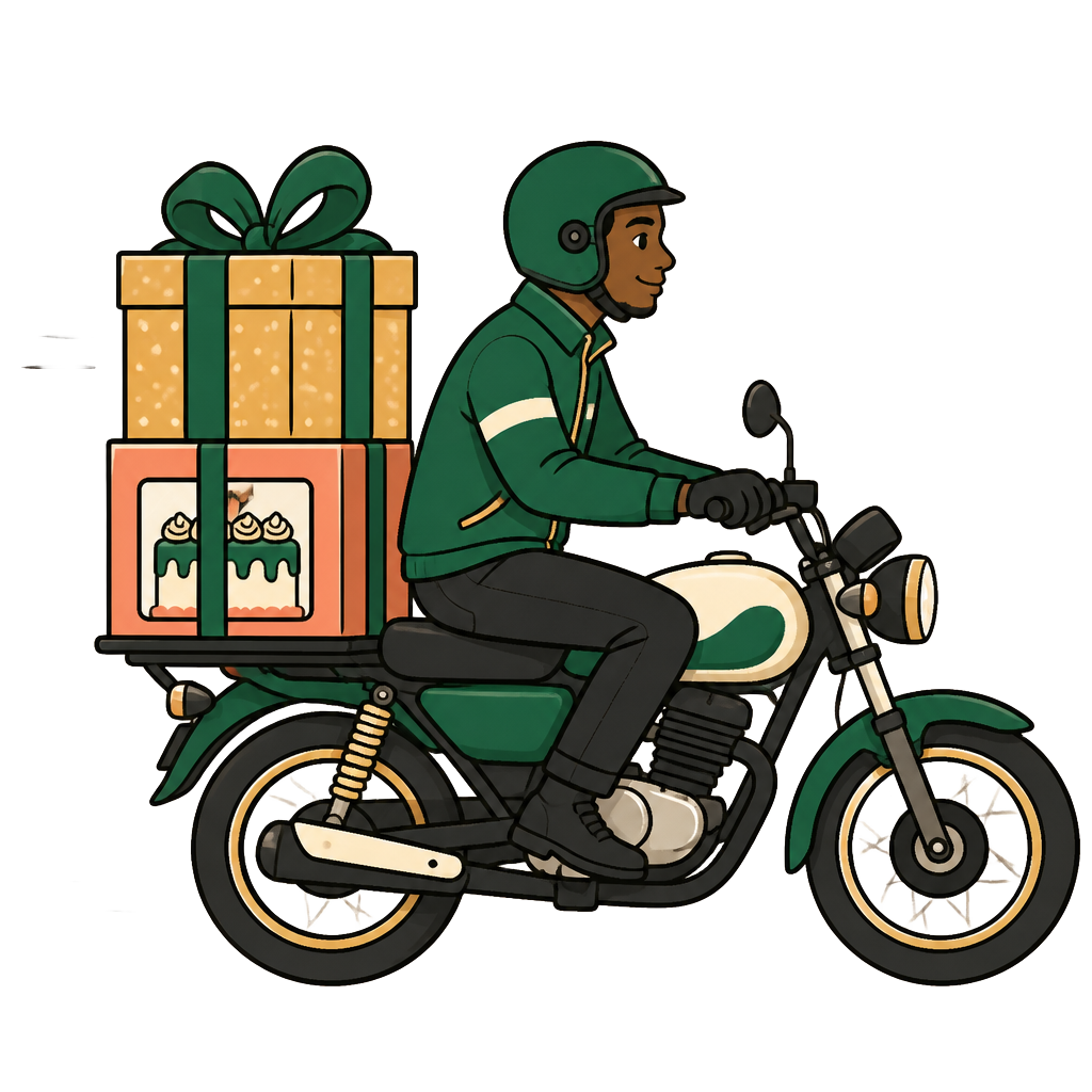 A Pevora rider carrying a celebration package and cake box on a motorbike