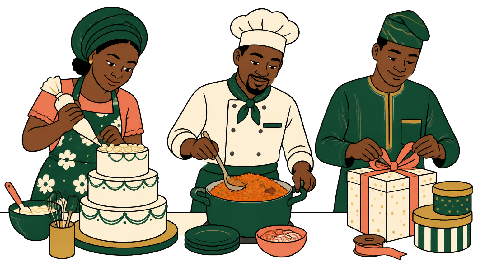 A baker icing a cake, a chef cooking jollof rice and a vendor wrapping a gift