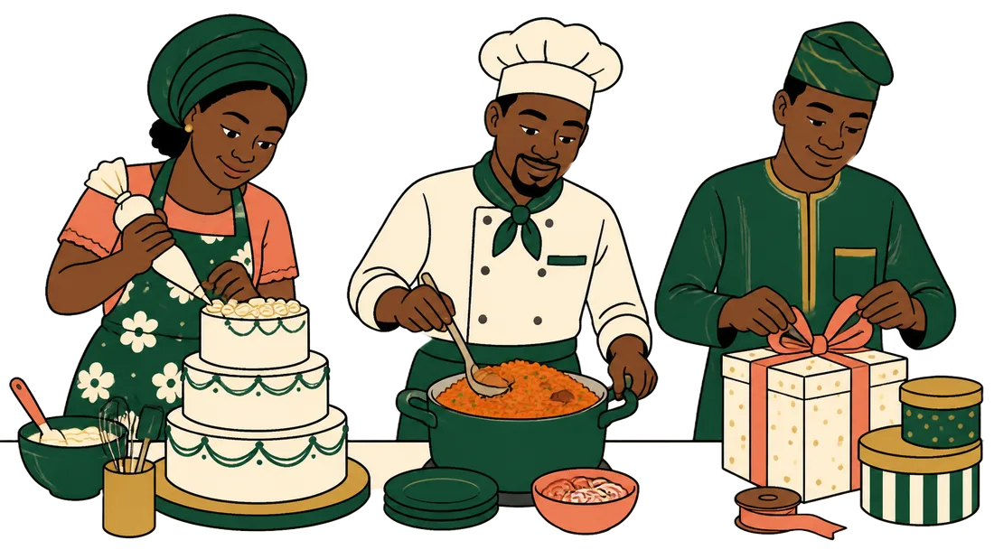A baker icing a cake, a chef cooking jollof rice and a vendor wrapping a gift