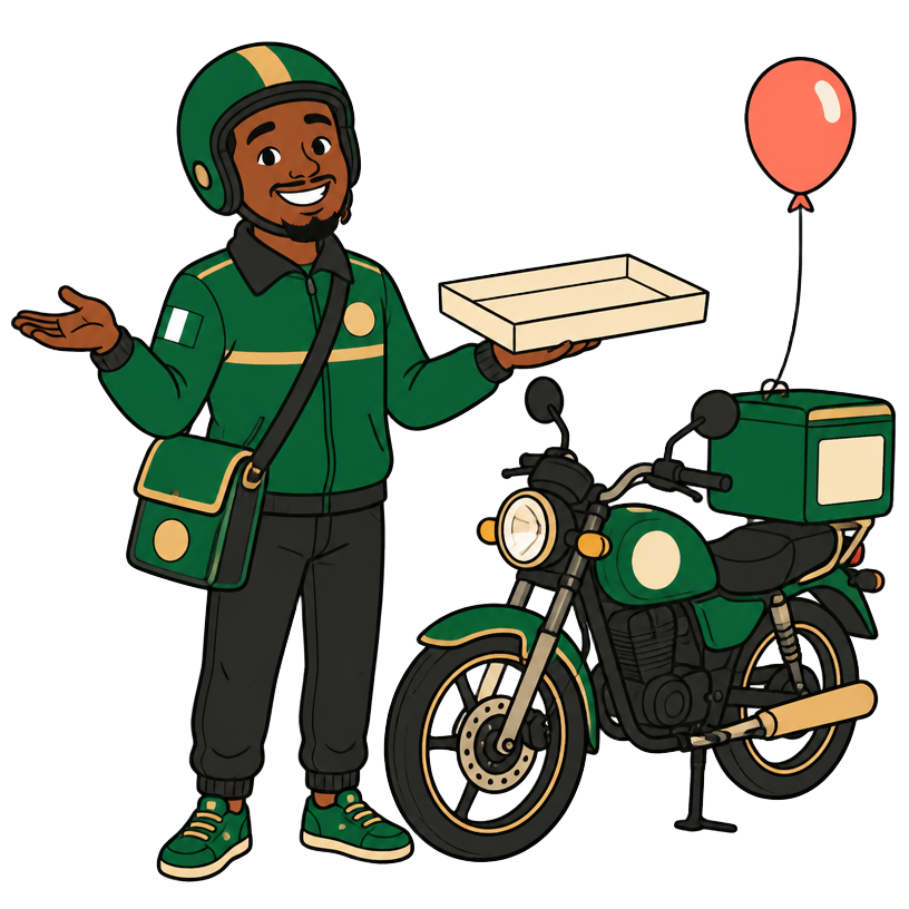 A Pevora rider beside his bike holding an empty tray