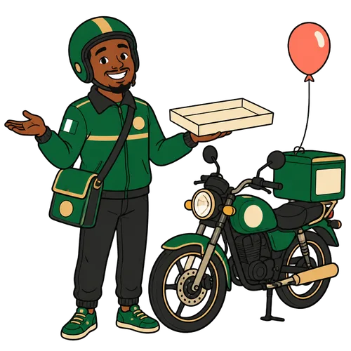 A Pevora rider beside his bike holding an empty tray